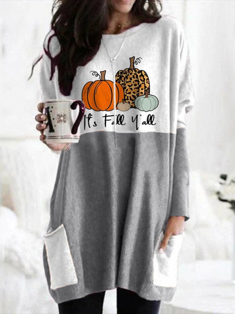 Women's T-Shirts Pumpkin Print Pocket Long Sleeve T-Shirt - T-Shirts - Instastyled | Online Fashion Free Shipping Clothing, Dresses, Tops, Shoes - 13/08/2022 - Color_Gray - Color_Orange