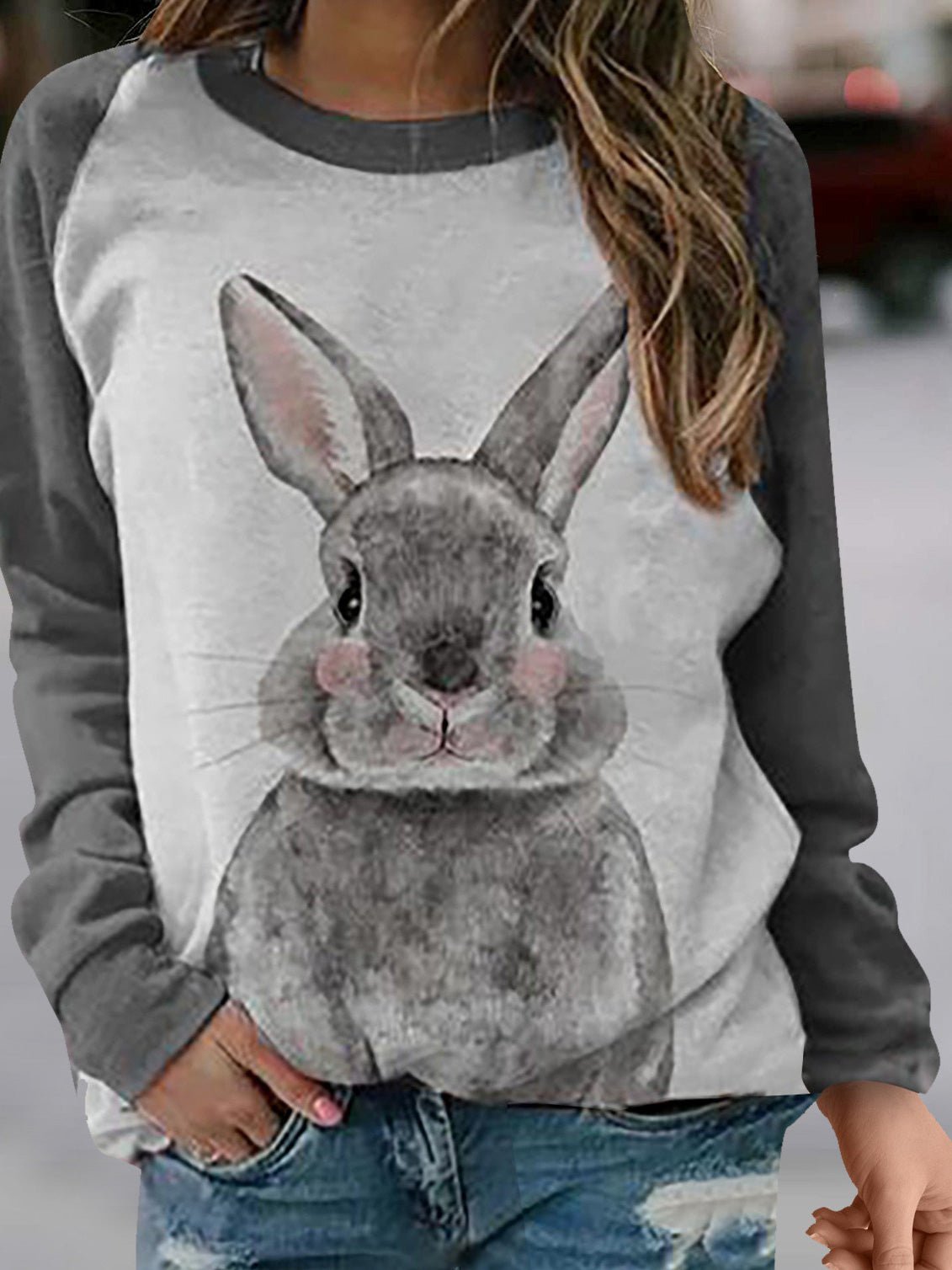 Women's T-Shirts Rabbit Print Round Neck Long Sleeve T-Shirt - T-Shirts - Instastyled | Online Fashion Free Shipping Clothing, Dresses, Tops, Shoes - 11/03/2022 - 20-30 - color-gray