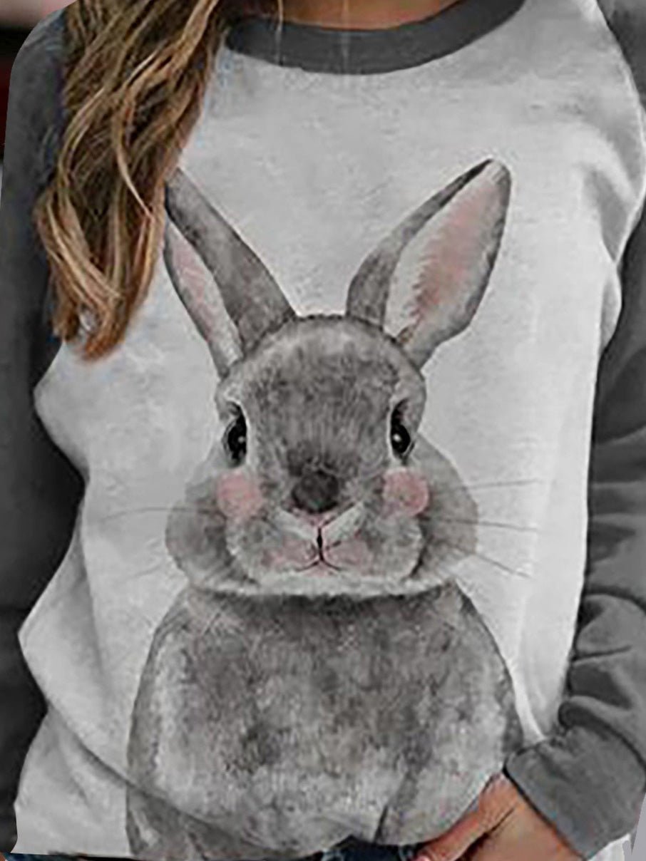 Women's T-Shirts Rabbit Print Round Neck Long Sleeve T-Shirt - T-Shirts - Instastyled | Online Fashion Free Shipping Clothing, Dresses, Tops, Shoes - 11/03/2022 - 20-30 - color-gray