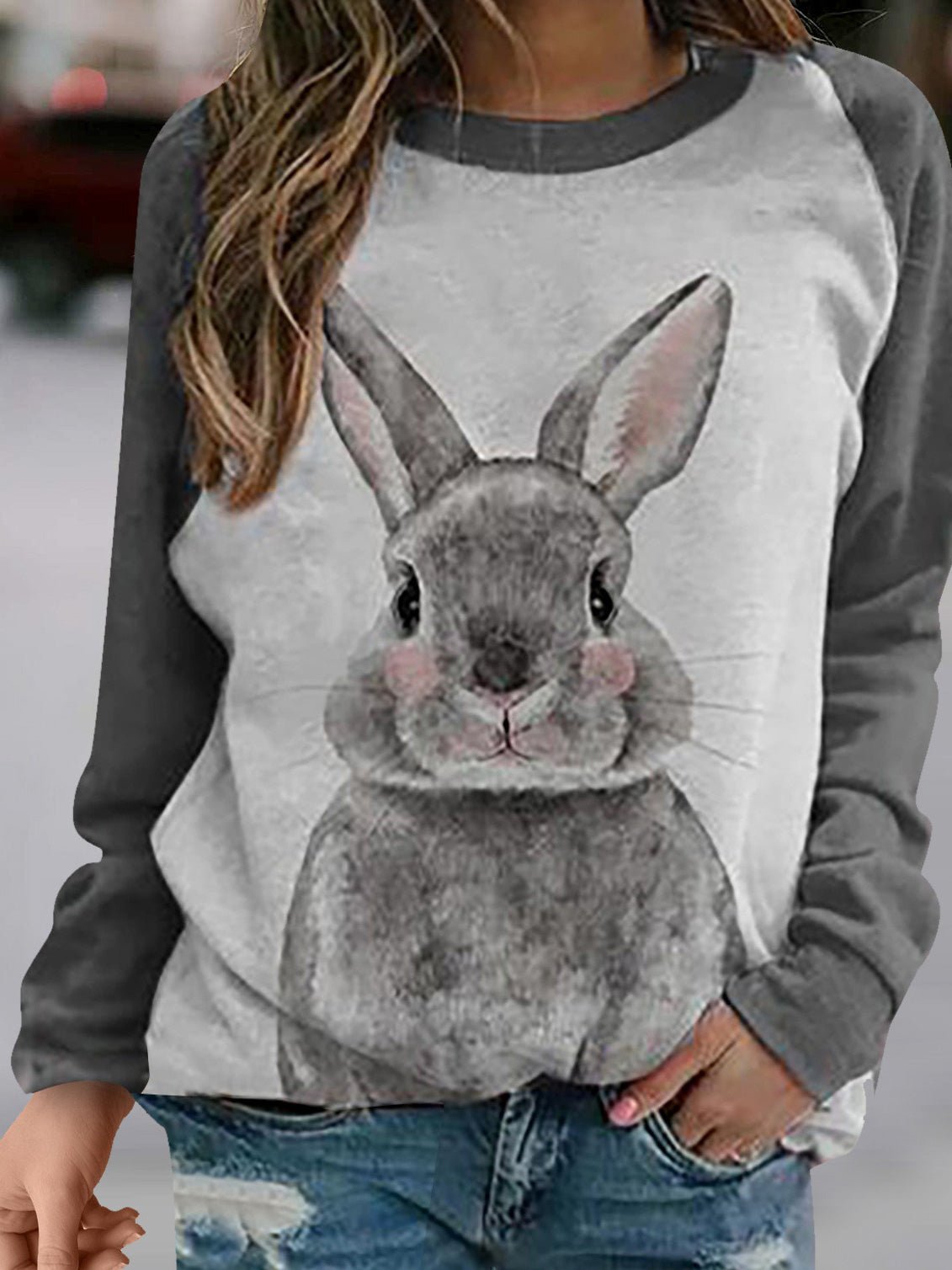 Women's T-Shirts Rabbit Print Round Neck Long Sleeve T-Shirt - T-Shirts - Instastyled | Online Fashion Free Shipping Clothing, Dresses, Tops, Shoes - 11/03/2022 - 20-30 - color-gray