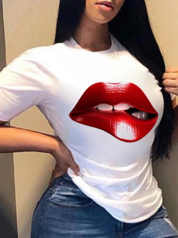 Women's T-Shirts Red Lip Crew Neck Short Sleeve T-Shirt - T-Shirts - Instastyled | Online Fashion Free Shipping Clothing, Dresses, Tops, Shoes - 10-20 - 24/02/2022 - color-black