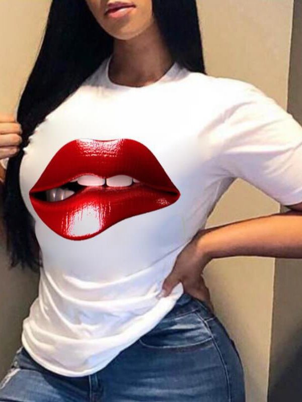 Women's T-Shirts Red Lip Crew Neck Short Sleeve T-Shirt - T-Shirts - Instastyled | Online Fashion Free Shipping Clothing, Dresses, Tops, Shoes - 10-20 - 24/02/2022 - color-black