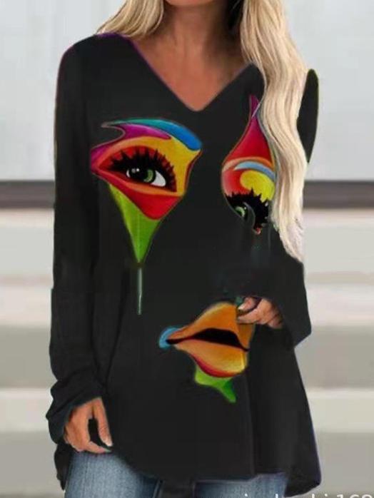 Women's T-Shirts Retro Abstract Face Print V-Neck Long Sleeve T-Shirt - T-Shirts - INS | Online Fashion Free Shipping Clothing, Dresses, Tops, Shoes - 18/10/2021 - 20-30 - color-black