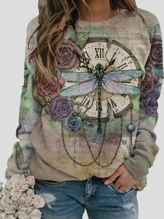 Women's T-Shirts Retro Dragonfly Print Round Neck Long Sleeve T-Shirt - T-Shirts - INS | Online Fashion Free Shipping Clothing, Dresses, Tops, Shoes - 10-20 - 10/09/2021 - Category_T-Shirts