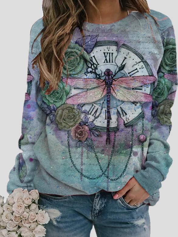 Women's T-Shirts Retro Dragonfly Print Round Neck Long Sleeve T-Shirt - T-Shirts - INS | Online Fashion Free Shipping Clothing, Dresses, Tops, Shoes - 10-20 - 10/09/2021 - Category_T-Shirts