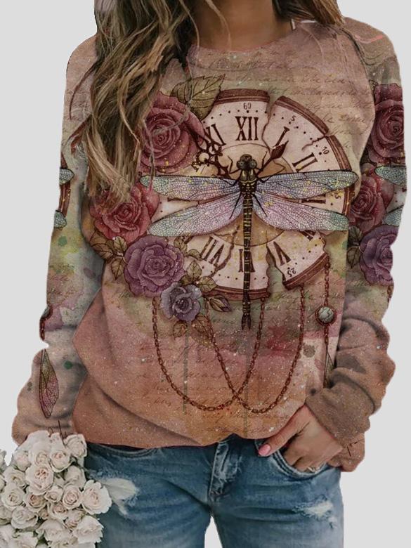 Women's T-Shirts Retro Dragonfly Print Round Neck Long Sleeve T-Shirt - T-Shirts - INS | Online Fashion Free Shipping Clothing, Dresses, Tops, Shoes - 10-20 - 10/09/2021 - Category_T-Shirts