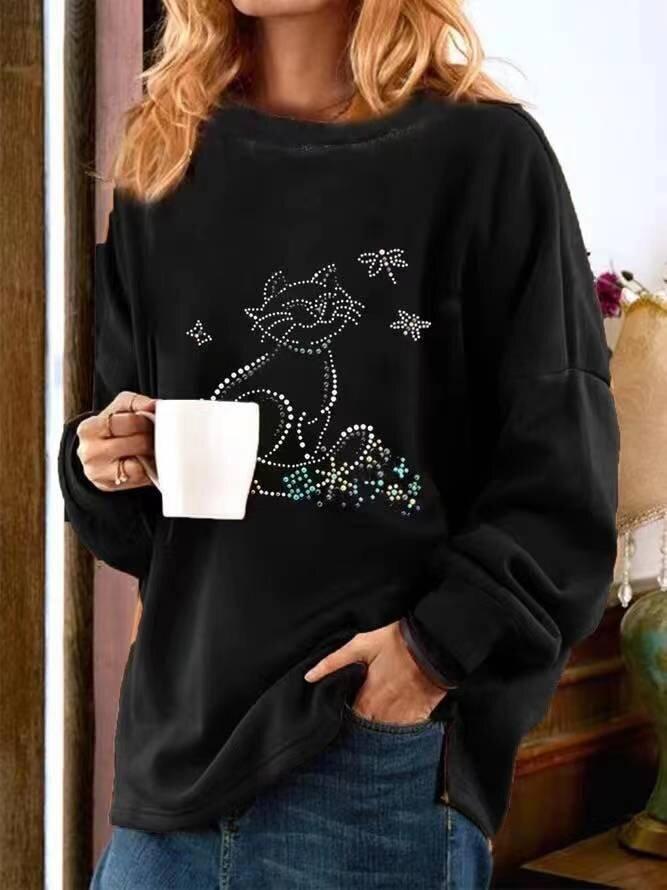 Women's T-Shirts Rhinestone Round Neck Long Sleeve Slit T-Shirt - T-Shirts - INS | Online Fashion Free Shipping Clothing, Dresses, Tops, Shoes - 16/11/2021 - 20-30 - color-black