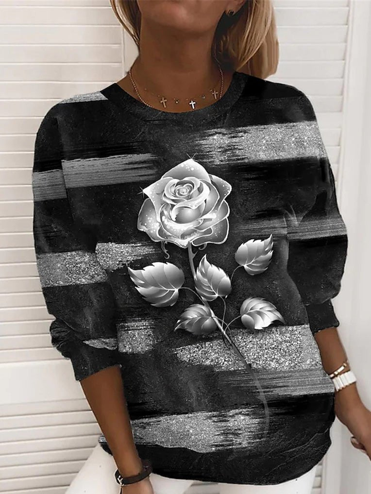 Women's T-Shirts Rose Print Round Neck Long Sleeve T-Shirt - T-Shirts - Instastyled | Online Fashion Free Shipping Clothing, Dresses, Tops, Shoes - 07/09/2022 - Color_Blue - Color_Gold