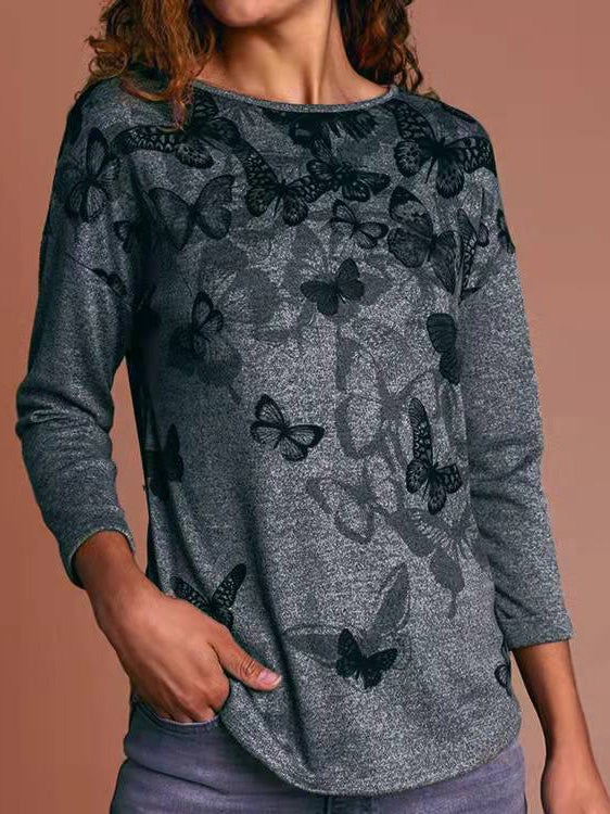 Women's T-Shirts Round Neck Butterfly Print Long Sleeve T-Shirt - T-Shirts - Instastyled | Online Fashion Free Shipping Clothing, Dresses, Tops, Shoes - 04/01/2022 - 20-30 - color-gray