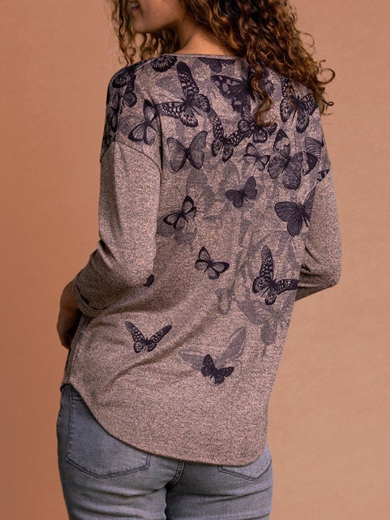 Women's T-Shirts Round Neck Butterfly Print Long Sleeve T-Shirt - T-Shirts - Instastyled | Online Fashion Free Shipping Clothing, Dresses, Tops, Shoes - 04/01/2022 - 20-30 - color-gray