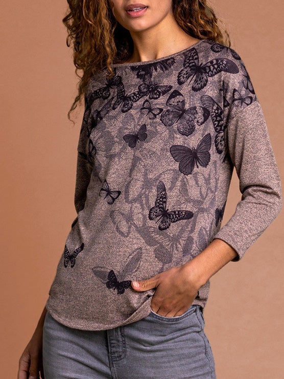 Women's T-Shirts Round Neck Butterfly Print Long Sleeve T-Shirt - T-Shirts - Instastyled | Online Fashion Free Shipping Clothing, Dresses, Tops, Shoes - 04/01/2022 - 20-30 - color-gray