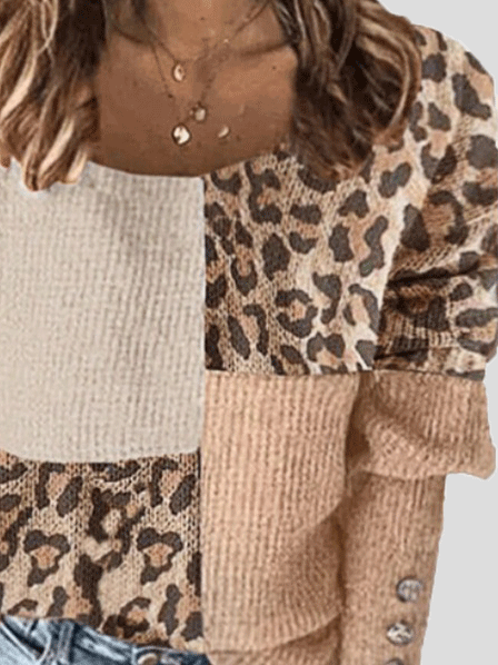 Women's T-Shirts Round Neck Button Leopard Print Long Sleeve T-Shirt - T-Shirts - Instastyled | Online Fashion Free Shipping Clothing, Dresses, Tops, Shoes - 20-30 - 20/12/2021 - color-brown