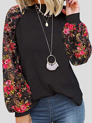 Women's T-Shirts Round Neck Floral Lace Panel Long Sleeve T-shirt - T-Shirts - Instastyled | Online Fashion Free Shipping Clothing, Dresses, Tops, Shoes - 18/03/2022 - 30-40 - color-black