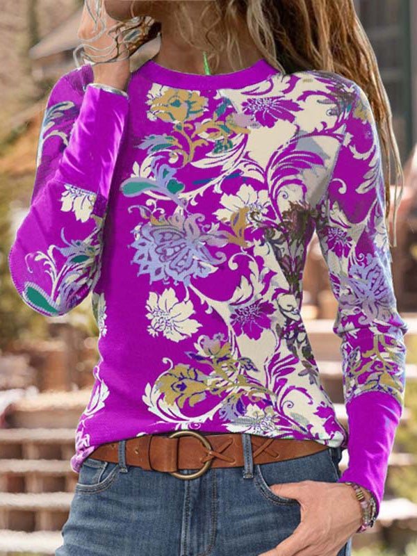 Women's T-Shirts Round Neck Floral Print Long Sleeve T-Shirt - T-Shirts - Instastyled | Online Fashion Free Shipping Clothing, Dresses, Tops, Shoes - 10-20 - 18/12/2021 - color-black