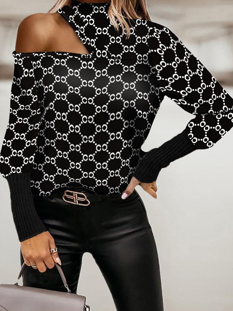 Women's T-Shirts Round Neck Geometric Print Off-Shoulder Long Sleeve T-Shirt - T-Shirts - Instastyled | Online Fashion Free Shipping Clothing, Dresses, Tops, Shoes - 15/12/2021 - 20-30 - color-black