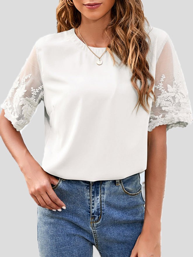 Women's T-Shirts Round Neck Lace Short Sleeve Chiffon T-Shirt - T-Shirts - Instastyled | Online Fashion Free Shipping Clothing, Dresses, Tops, Shoes - 10/05/2022 - Color_Black - Color_Blue