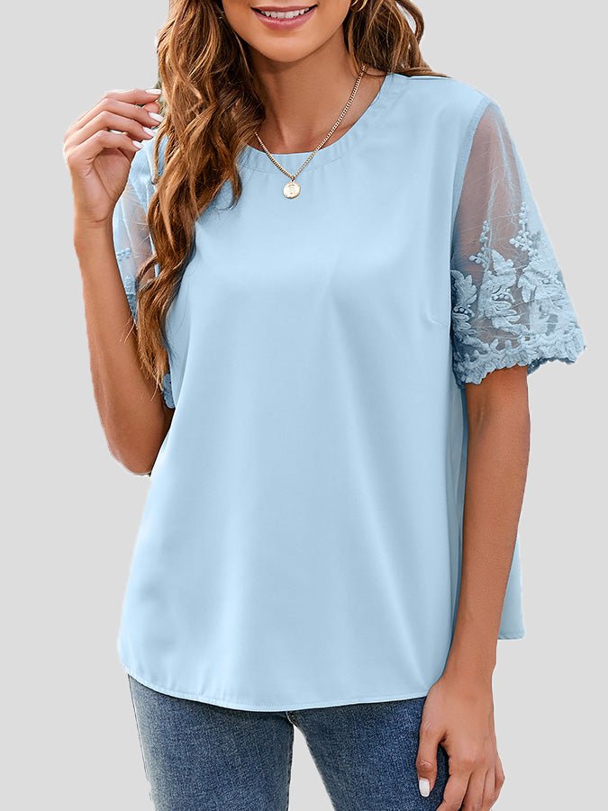 Women's T-Shirts Round Neck Lace Short Sleeve Chiffon T-Shirt - T-Shirts - Instastyled | Online Fashion Free Shipping Clothing, Dresses, Tops, Shoes - 10/05/2022 - Color_Black - Color_Blue