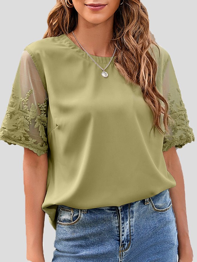 Women's T-Shirts Round Neck Lace Short Sleeve Chiffon T-Shirt - T-Shirts - Instastyled | Online Fashion Free Shipping Clothing, Dresses, Tops, Shoes - 10/05/2022 - Color_Black - Color_Blue