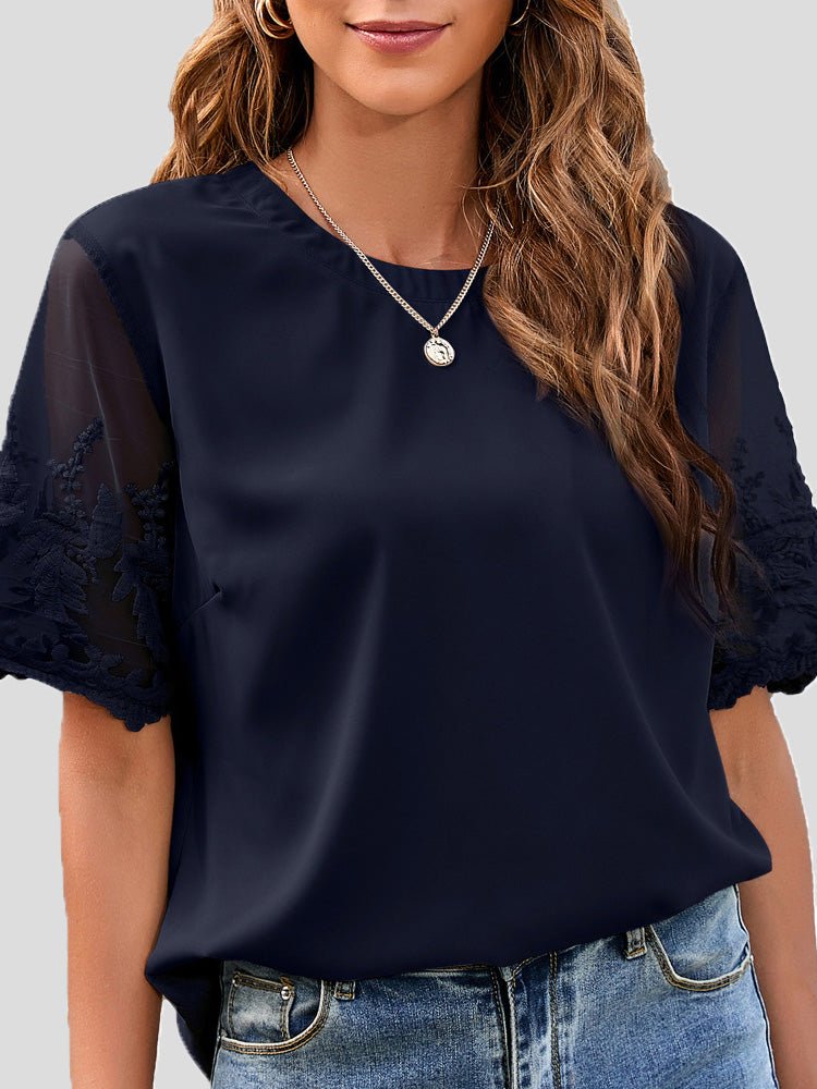 Women's T-Shirts Round Neck Lace Short Sleeve Chiffon T-Shirt - T-Shirts - Instastyled | Online Fashion Free Shipping Clothing, Dresses, Tops, Shoes - 10/05/2022 - Color_Black - Color_Blue