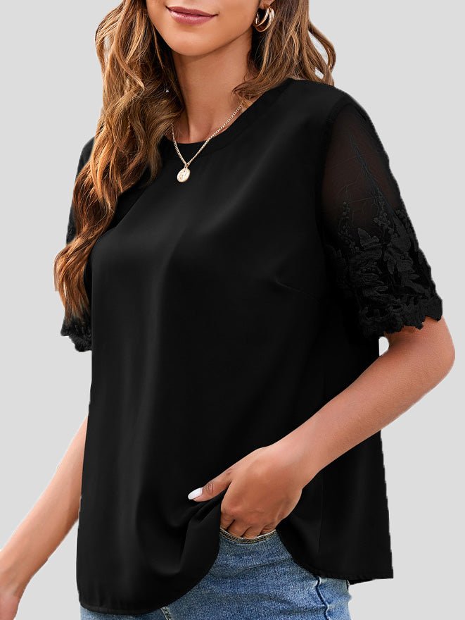 Women's T-Shirts Round Neck Lace Short Sleeve Chiffon T-Shirt - T-Shirts - Instastyled | Online Fashion Free Shipping Clothing, Dresses, Tops, Shoes - 10/05/2022 - Color_Black - Color_Blue