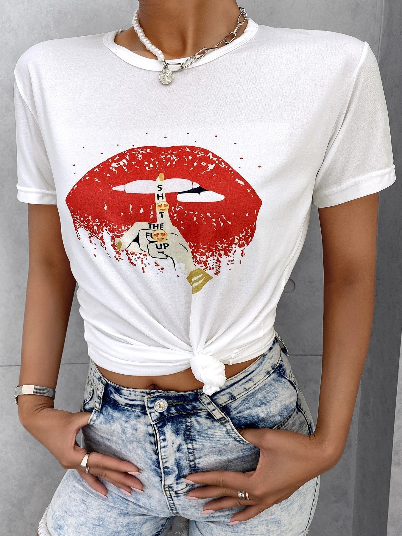 Women's T-Shirts Round Neck Lip Print Short Sleeve T-Shirt - T-Shirts - Instastyled | Online Fashion Free Shipping Clothing, Dresses, Tops, Shoes - 06/11/2022 - 20-30 - color-white