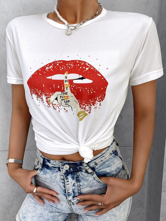 Women's T-Shirts Round Neck Lip Print Short Sleeve T-Shirt - T-Shirts - Instastyled | Online Fashion Free Shipping Clothing, Dresses, Tops, Shoes - 06/11/2022 - 20-30 - color-white