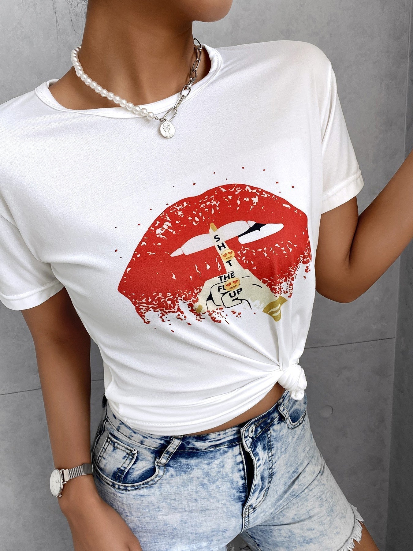 Women's T-Shirts Round Neck Lip Print Short Sleeve T-Shirt - T-Shirts - Instastyled | Online Fashion Free Shipping Clothing, Dresses, Tops, Shoes - 06/11/2022 - 20-30 - color-white