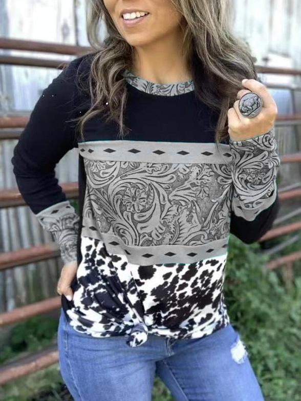 Women's T-Shirts Round Neck Long Sleeve Printing Stitching Casual T-Shirt - T-Shirts - INS | Online Fashion Free Shipping Clothing, Dresses, Tops, Shoes - 10-20 - 23/09/2021 - color-gray