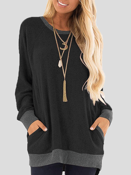 Women's T-Shirts Round Neck Pocket Long Sleeve T-Shirt - T-Shirts - Instastyled | Online Fashion Free Shipping Clothing, Dresses, Tops, Shoes - 20-30 - 20/12/2021 - color-black