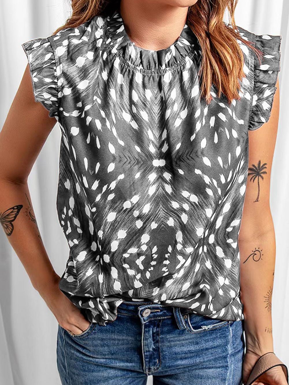 Women's T-Shirts Round Neck Print Ruffle Short Sleeve T-Shirt - T-Shirts - Instastyled | Online Fashion Free Shipping Clothing, Dresses, Tops, Shoes - 05/05/2022 - 20-30 - color-grey