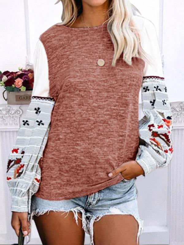 Women's T-Shirts Round Neck Print Stitching Long Sleeve T-Shirt - T-Shirts - INS | Online Fashion Free Shipping Clothing, Dresses, Tops, Shoes - 05/11/2021 - 10-20 - color-apricot