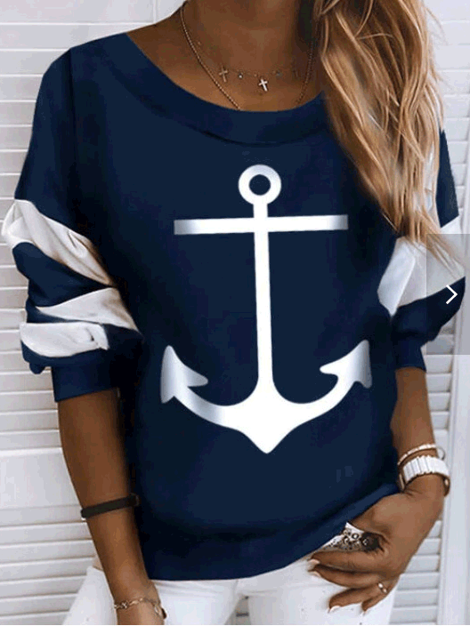 Women's T-Shirts Round Neck Printed Long Sleeve T-Shirt - T-Shirts - Instastyled | Online Fashion Free Shipping Clothing, Dresses, Tops, Shoes - 13/09/2022 - 20-30 - color-blue