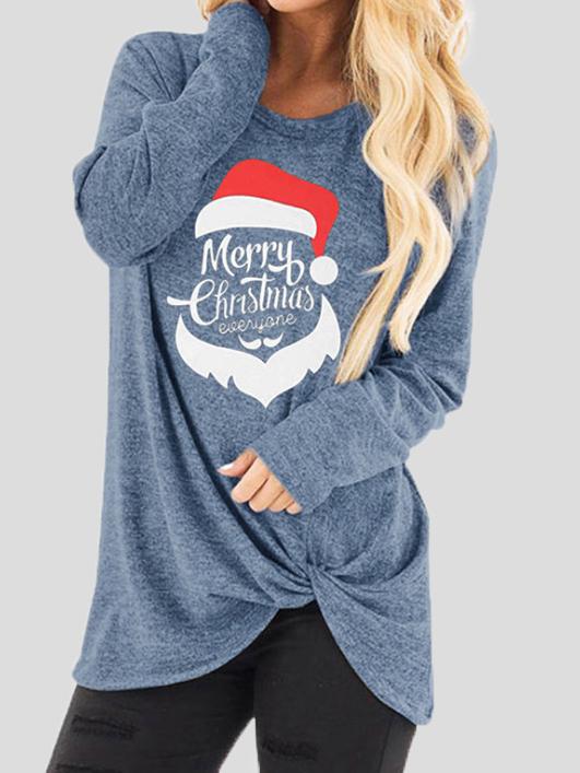 Women's T-Shirts Santa Claus Print Round Neck Knotted Long Sleeve T-Shirt - T-Shirts - INS | Online Fashion Free Shipping Clothing, Dresses, Tops, Shoes - 09/11/2021 - 20-30 - color-black