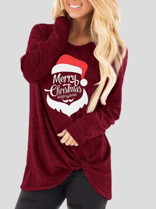 Women's T-Shirts Santa Claus Print Round Neck Knotted Long Sleeve T-Shirt - T-Shirts - INS | Online Fashion Free Shipping Clothing, Dresses, Tops, Shoes - 09/11/2021 - 20-30 - color-black