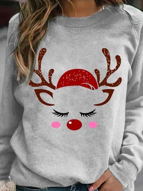 Women's T-Shirts Santa Deer Print Round Neck Long Sleeve T-Shirt - T-Shirts - INS | Online Fashion Free Shipping Clothing, Dresses, Tops, Shoes - 04/11/2021 - 20-30 - color-gray