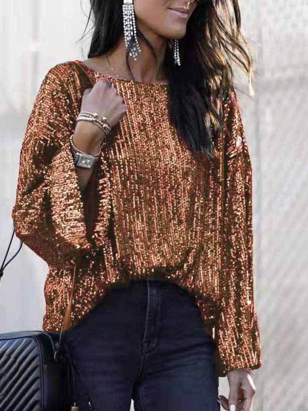 Women's T-Shirts Sequin Crew Neck Long Sleeve T-Shirt - T-Shirts - Instastyled | Online Fashion Free Shipping Clothing, Dresses, Tops, Shoes - 11/07/2022 - 20-30 - color-gold