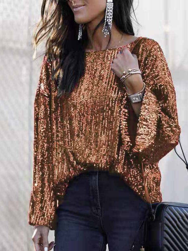 Women's T-Shirts Sequin Crew Neck Long Sleeve T-Shirt - T-Shirts - Instastyled | Online Fashion Free Shipping Clothing, Dresses, Tops, Shoes - 11/07/2022 - 20-30 - color-gold