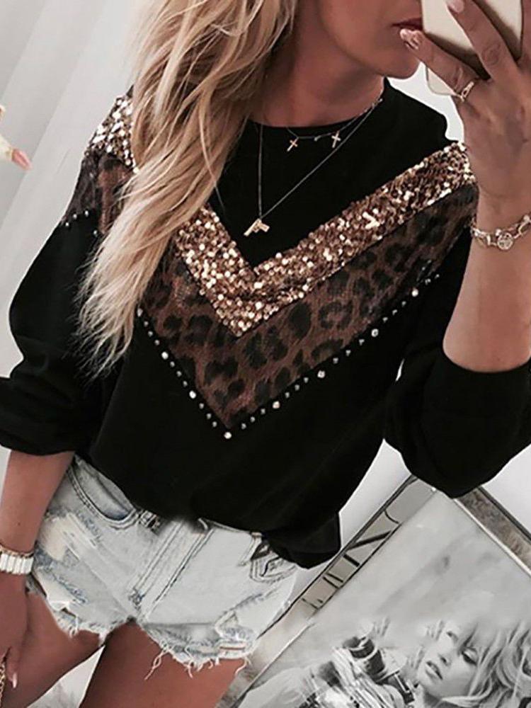 Women's T-Shirts Sequined Leopard Print Long Sleeve Round Neck T-Shirt - T-Shirts - INS | Online Fashion Free Shipping Clothing, Dresses, Tops, Shoes - 20-30 - 26/10/2021 - color-black