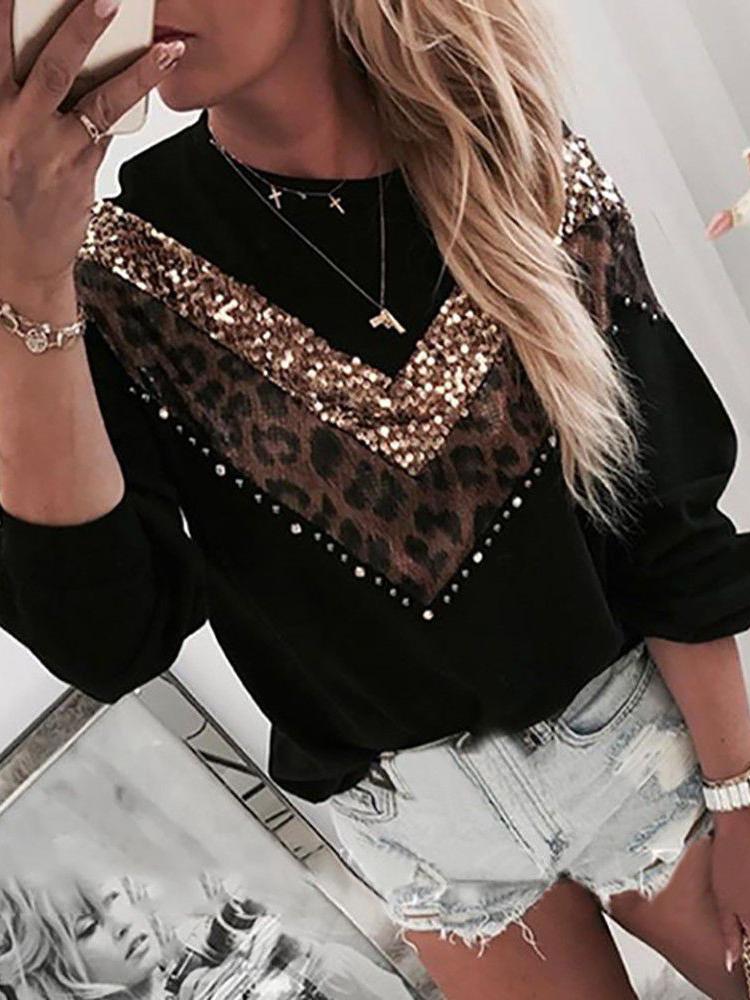 Women's T-Shirts Sequined Leopard Print Long Sleeve Round Neck T-Shirt - T-Shirts - INS | Online Fashion Free Shipping Clothing, Dresses, Tops, Shoes - 20-30 - 26/10/2021 - color-black