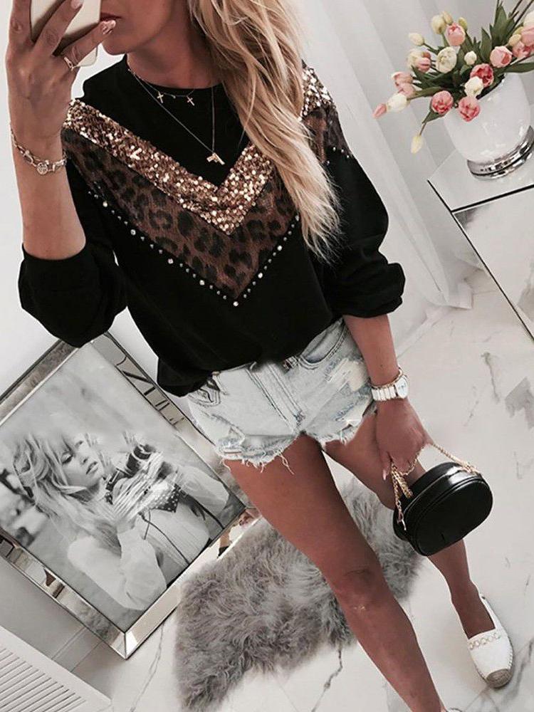 Women's T-Shirts Sequined Leopard Print Long Sleeve Round Neck T-Shirt - T-Shirts - INS | Online Fashion Free Shipping Clothing, Dresses, Tops, Shoes - 20-30 - 26/10/2021 - color-black