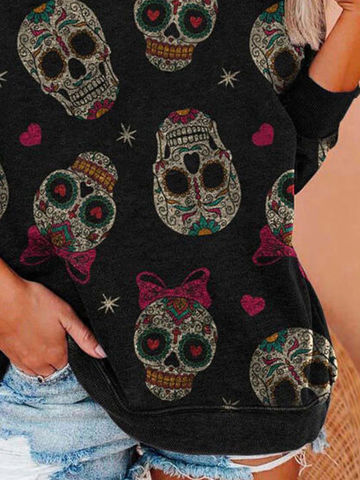 Women's T-Shirts Simple Skull Print Round Neck Long Sleeve T-Shirts - T-Shirts - INS | Online Fashion Free Shipping Clothing, Dresses, Tops, Shoes - 04/09/2021 - 20-30 - Category_T-Shirts