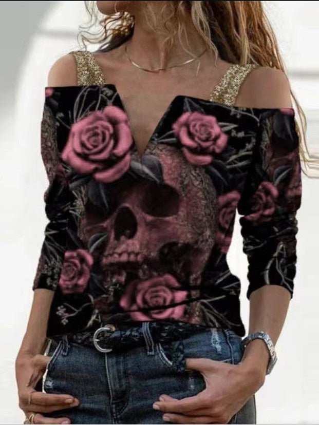 Women's T-Shirts Skull and Rose Print Off-Shoulder Long-Sleeve T-Shirt - T-Shirts - Instastyled | Online Fashion Free Shipping Clothing, Dresses, Tops, Shoes - 06/09/2022 - Color_Pink - Color_Red