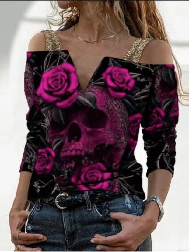 Women's T-Shirts Skull and Rose Print Off-Shoulder Long-Sleeve T-Shirt - T-Shirts - Instastyled | Online Fashion Free Shipping Clothing, Dresses, Tops, Shoes - 06/09/2022 - Color_Pink - Color_Red