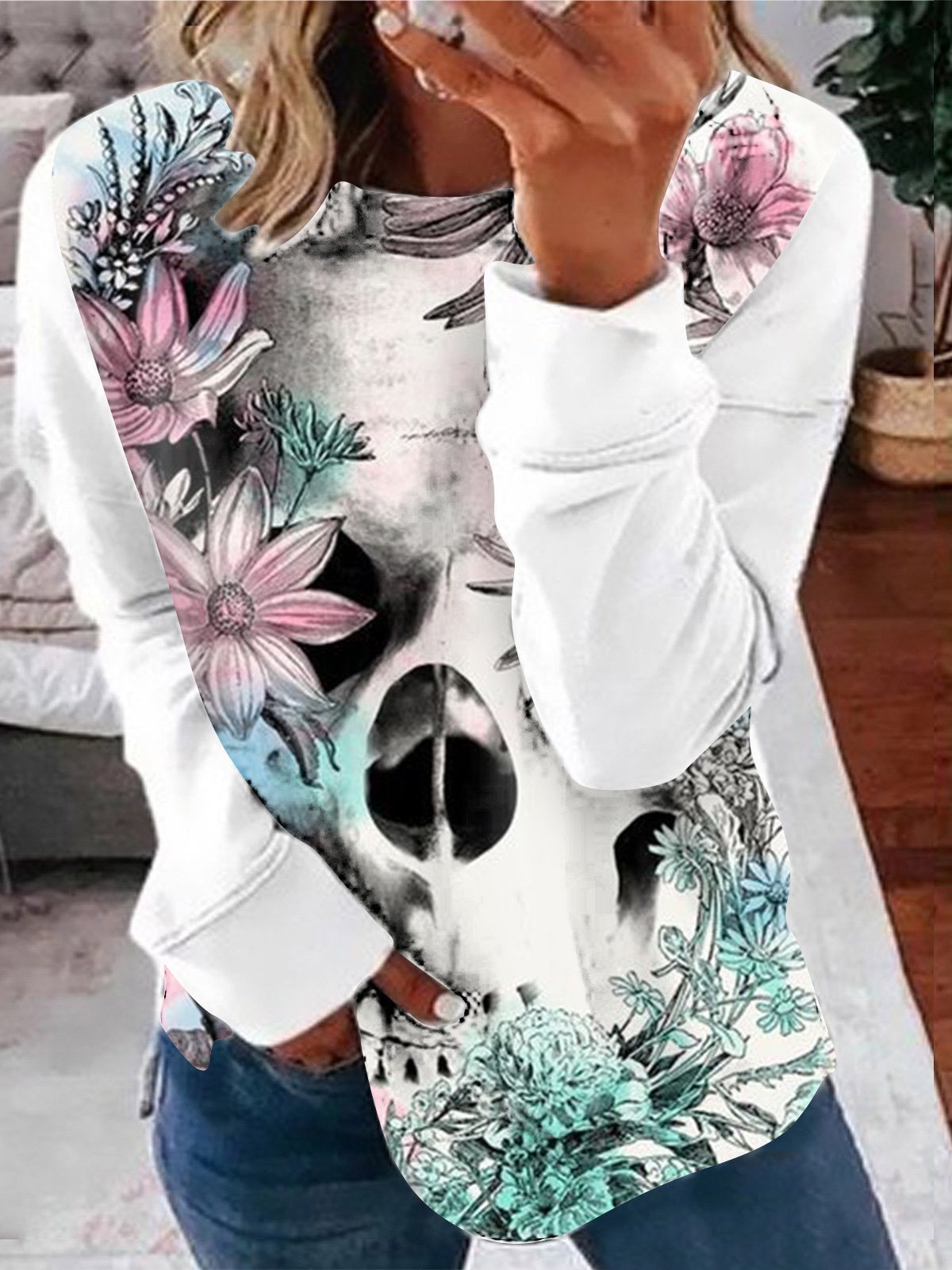 Women's T-Shirts Skull Floral Print Round Neck Long Sleeve T-Shirt - T-Shirts - INS | Online Fashion Free Shipping Clothing, Dresses, Tops, Shoes - 07/09/2021 - 10-20 - Category_T-Shirts