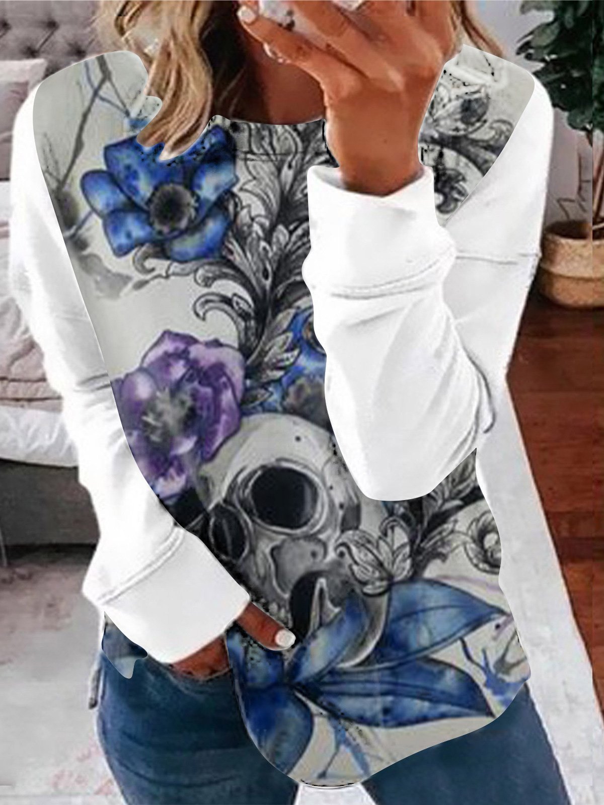 Women's T-Shirts Skull Floral Print Round Neck Long Sleeve T-Shirt - T-Shirts - INS | Online Fashion Free Shipping Clothing, Dresses, Tops, Shoes - 07/09/2021 - 10-20 - Category_T-Shirts