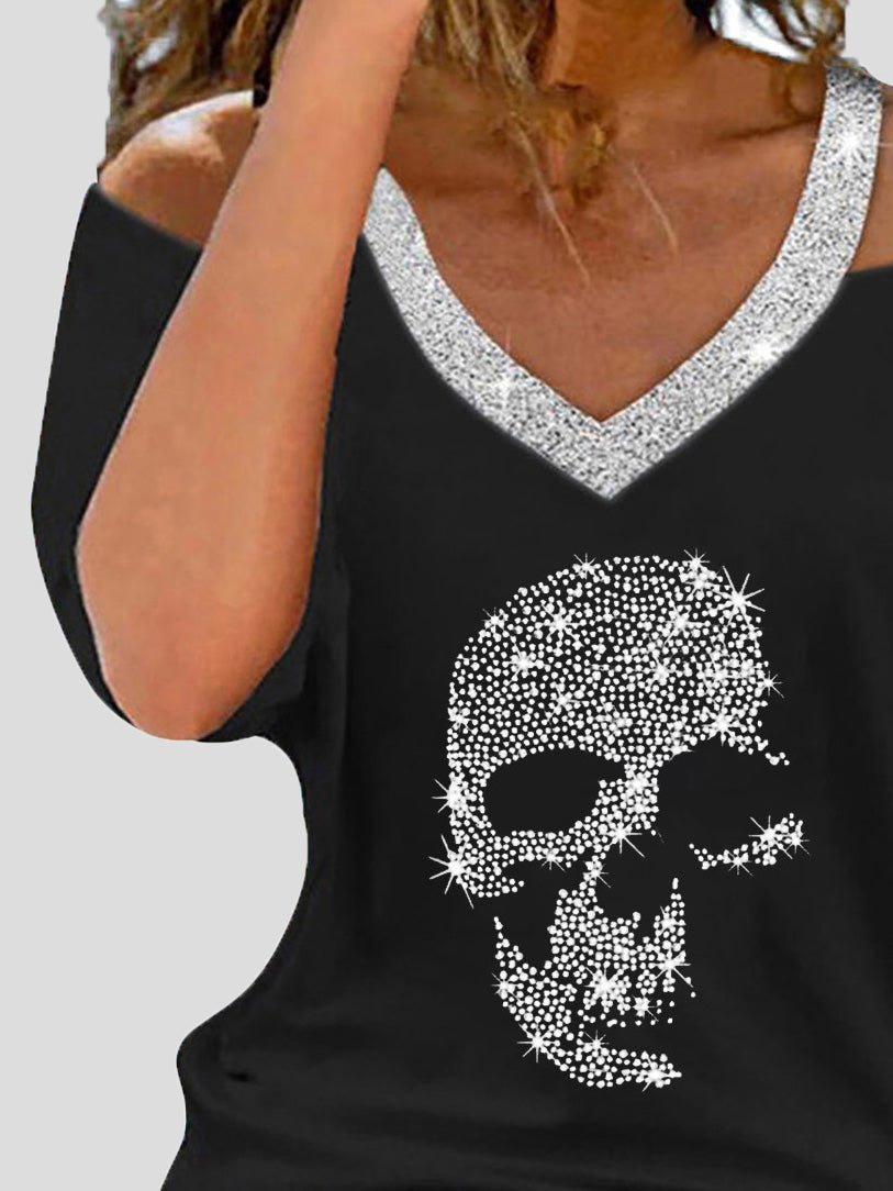 Women's T-Shirts Skull Hot Diamond V-Neck Off-Shoulder Short Sleeve T-Shirt - T-Shirts - Instastyled | Online Fashion Free Shipping Clothing, Dresses, Tops, Shoes - 08/07/2022 - 20-30 - color-black