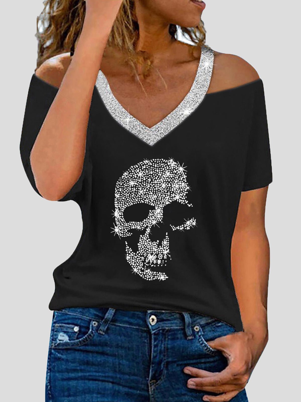 Women's T-Shirts Skull Hot Diamond V-Neck Off-Shoulder Short Sleeve T-Shirt - T-Shirts - Instastyled | Online Fashion Free Shipping Clothing, Dresses, Tops, Shoes - 08/07/2022 - 20-30 - color-black