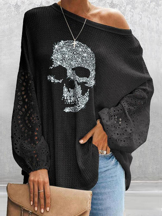 Women's T-Shirts Skull Loose Stitching Long Sleeve T-Shirt