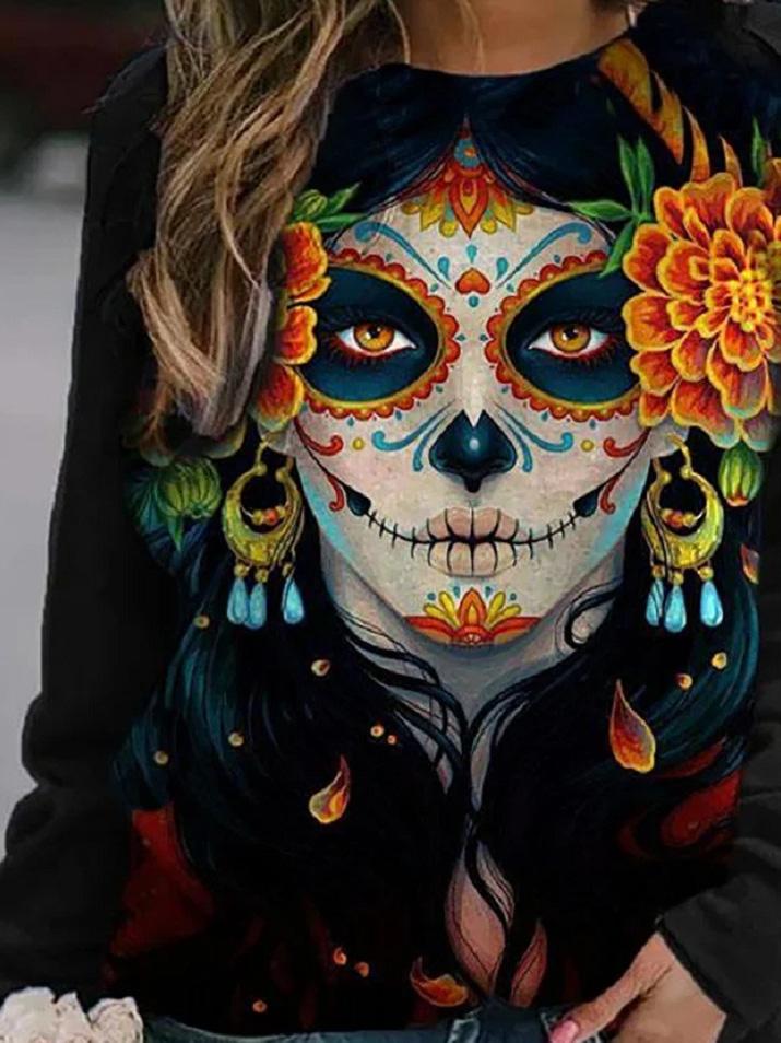 Women's T-Shirts Skull Print Round Neck Long Sleeve T-Shirts - T-Shirts - INS | Online Fashion Free Shipping Clothing, Dresses, Tops, Shoes - 10-20 - 10/09/2021 - Category_T-Shirts