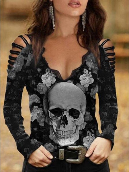 Women's T-Shirts Skull Print V-Neck Lace Off-the-Shoulder T-Shirt - T-Shirts - Instastyled | Online Fashion Free Shipping Clothing, Dresses, Tops, Shoes - 09/06/2022 - Color_Black - Color_Blue